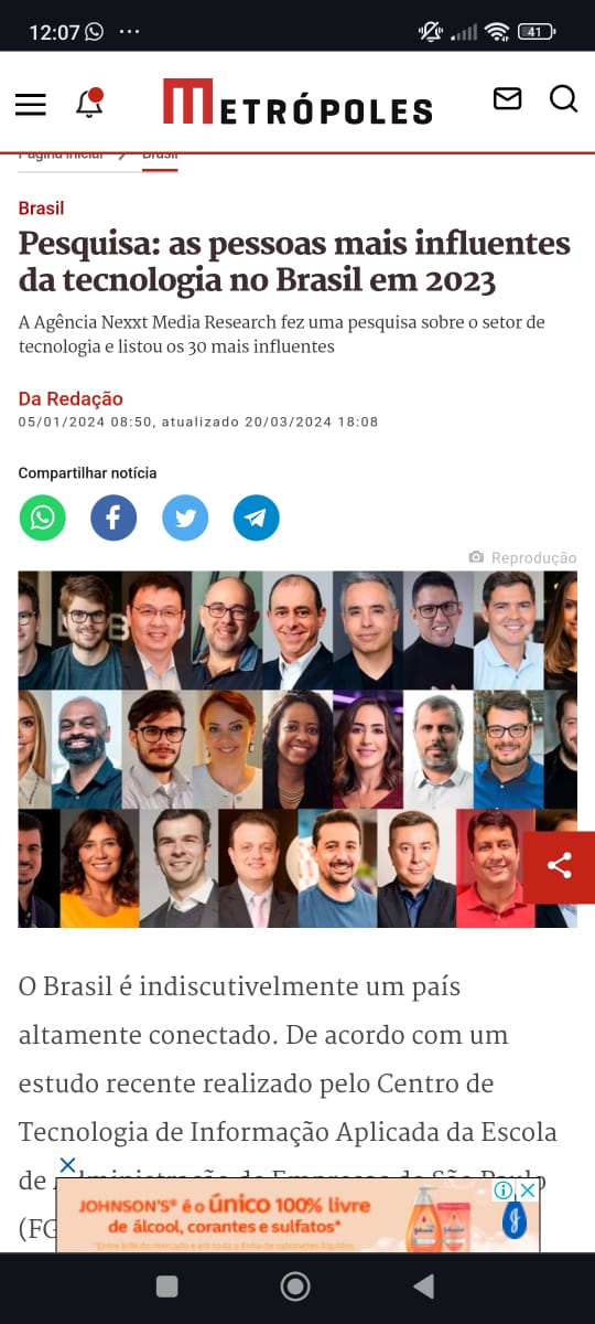 Matéria do Metrópoles sobre as pessoas mais influentes da tecnologia no Brasil em 2023