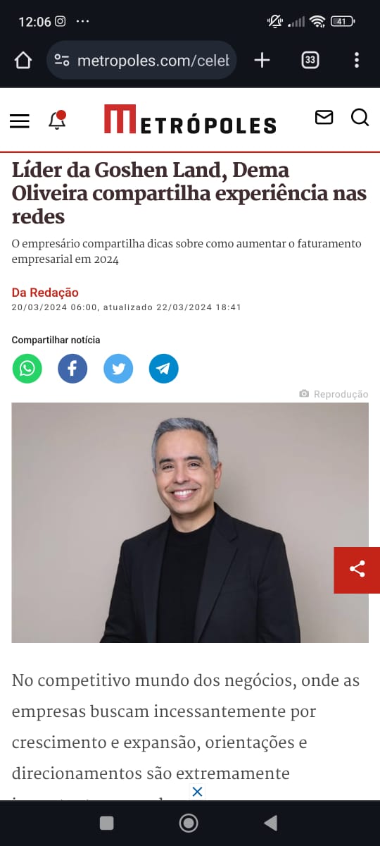 Matéria do Metrópoles sobre Dema Oliveira, líder da Goshen Land, compartilhando experiência nas redes