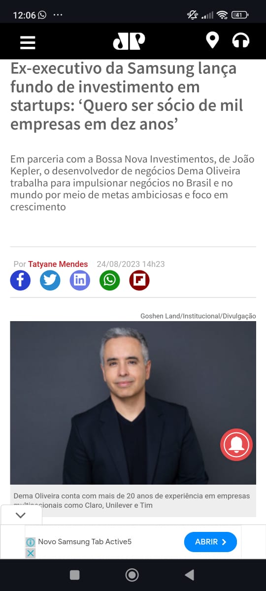 Matéria da Jovem Pan sobre ex-executivo da Samsung que lança fundo de investimento em startups