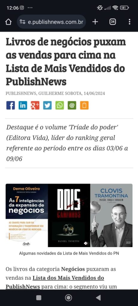 Matéria do PublishNews sobre livros de negócios na lista de mais vendidos