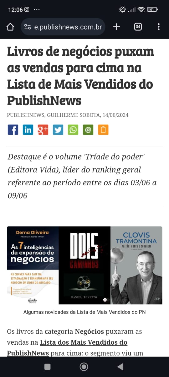 Matéria do PublishNews sobre livros de negócios na lista de mais vendidos